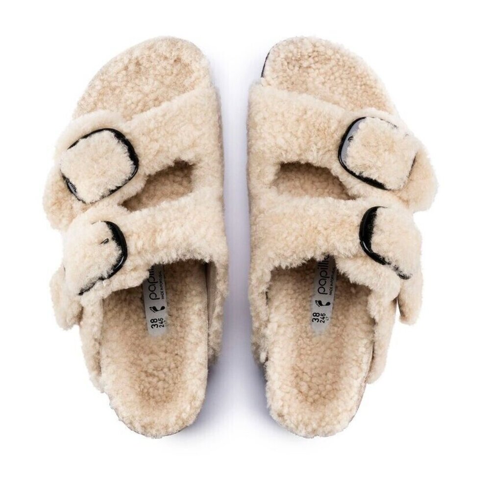 Birkenstock Papillio Arizona Shearling Teddy Big Buckle Slides Sandals 37